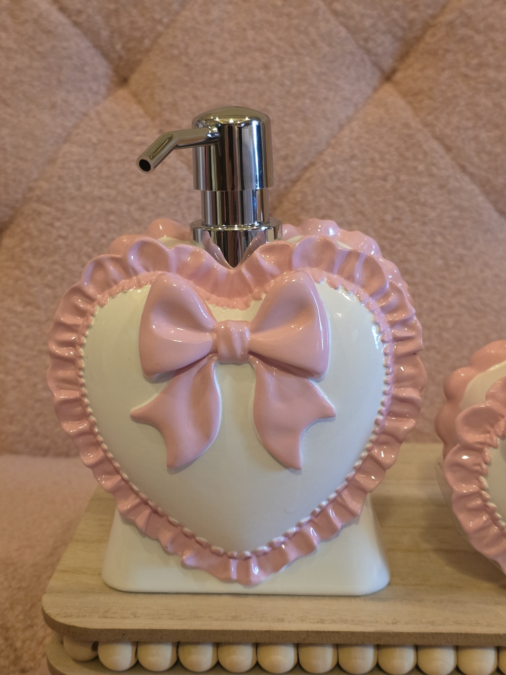 Pink Heart Bow Ceramic Soap Dispenser & Heart Dish With Lid Set - Picture 4 of 10